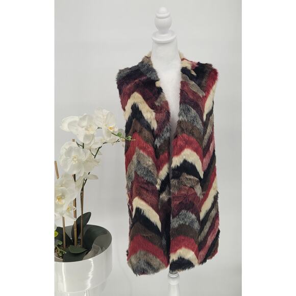 Joseph A Size L Y2K Chevron Print Faux Fur Warm Open Front Vest Aspen Chic - Picture 3 of 9